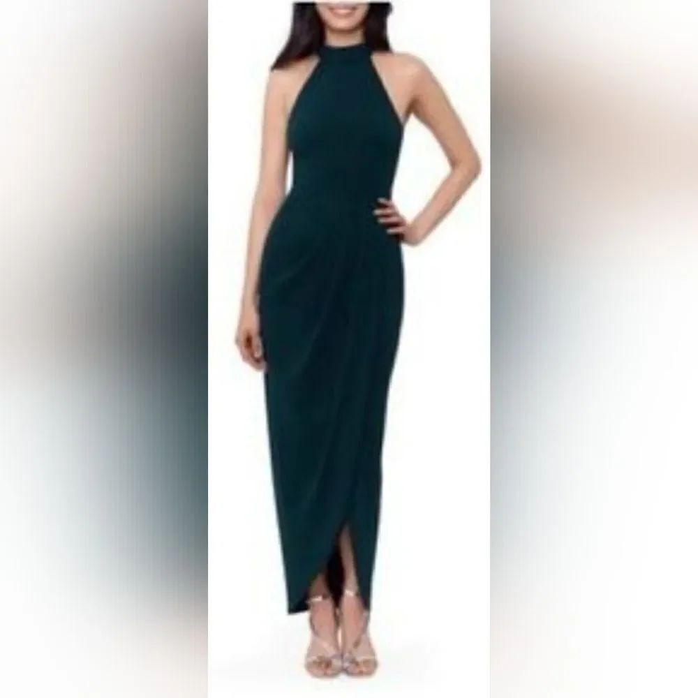 Xscape Halter neck Faux-Wrap Crepe Gown NWOT size 16 Green